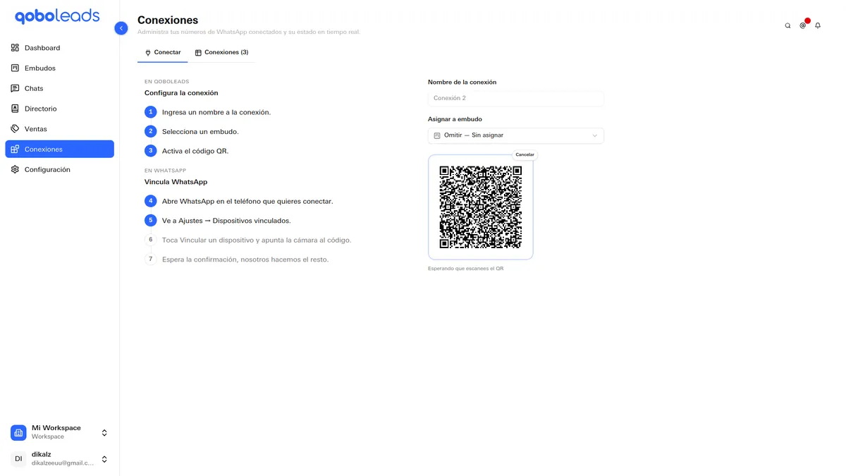 Gestión de conexiones y canales de WhatsApp en qoboleads